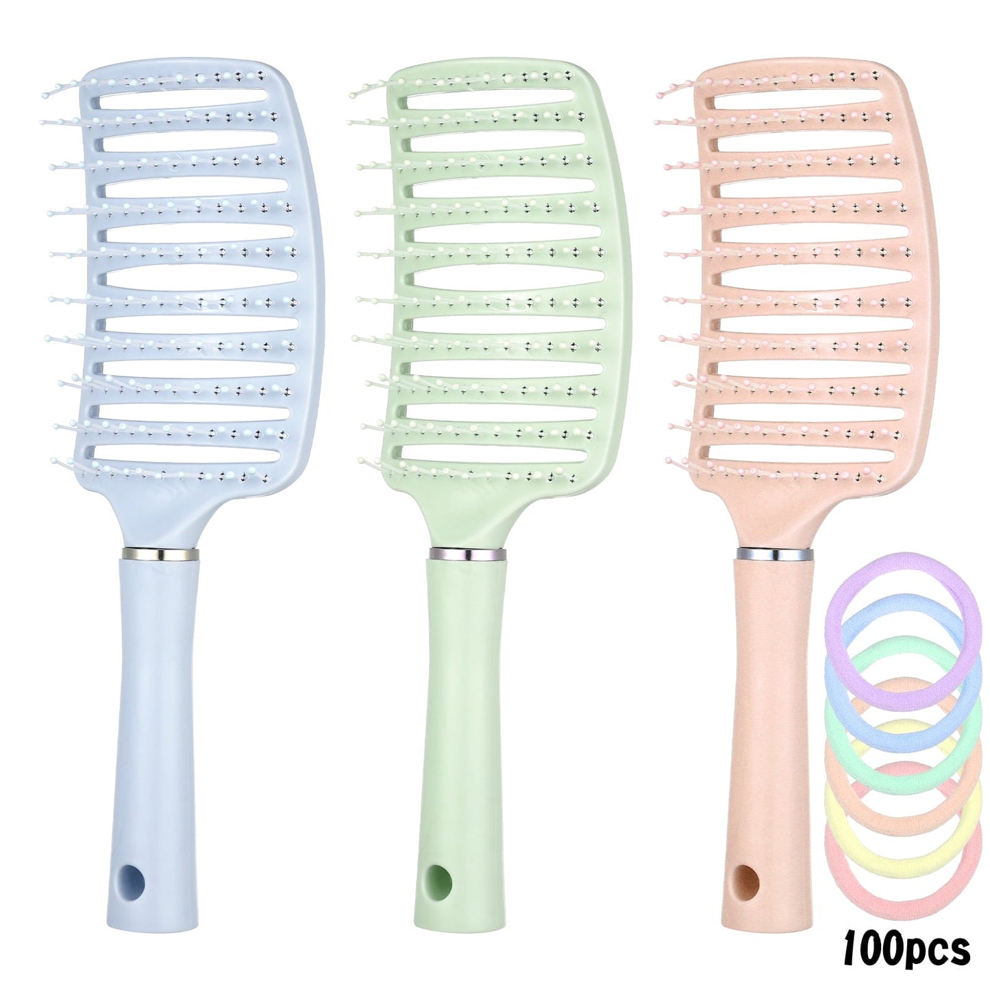 3 Pcs Detangling Brush with 100 Hair Ties, Curved Vented Styling Hair Brush with Seamless Spring Ties, Women Fast Blo...