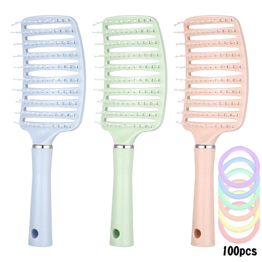 3 Pcs Detangling Brush with 100 Hair Ties, Curved Vented Styling Hair Brush with Seamless Spring Ties, Women Fast Blo...